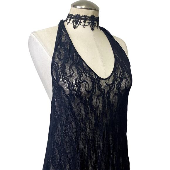 Lace Halter Asymmetrical Mini-Dress Dark Fairy Core Whimsygoth Gothic - Picture 4 of 10